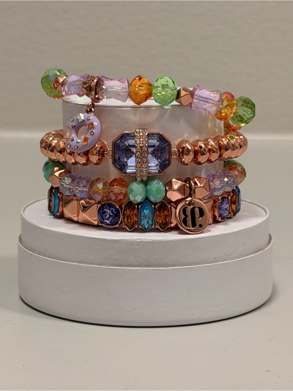 Rose Gold Multicolor Crystal Stretch Bracelet Set - Pastel Mix